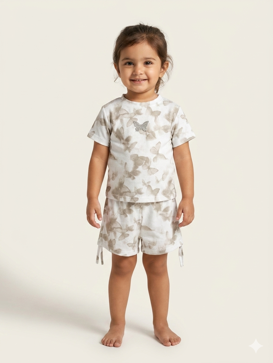Toddler Girls Butterfly Print Summer Short Set in Midnight Black, Cloud White, and Soft Pink