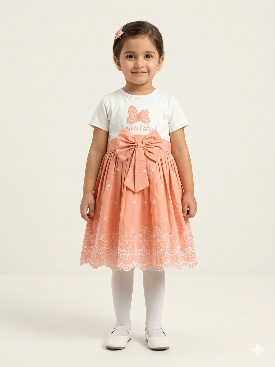 Charming Butterfly Embroidered Girl's Party Dress - Soft Cotton Fabric in Green Pink and Yellow