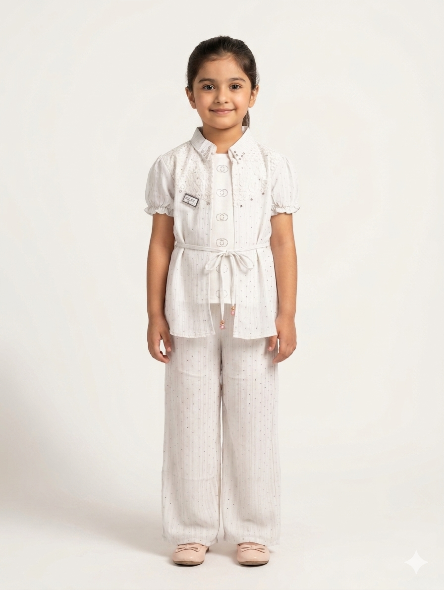 Elegant Girls Three Piece Shimmer Suit Featuring Lace Overlay Waist Tie Jacket and Wide Leg Trousers