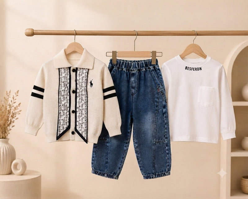 Boys Stylish 3-Piece Winter Outfit Set Cardigan Inner T-Shirt Full Length Trouser