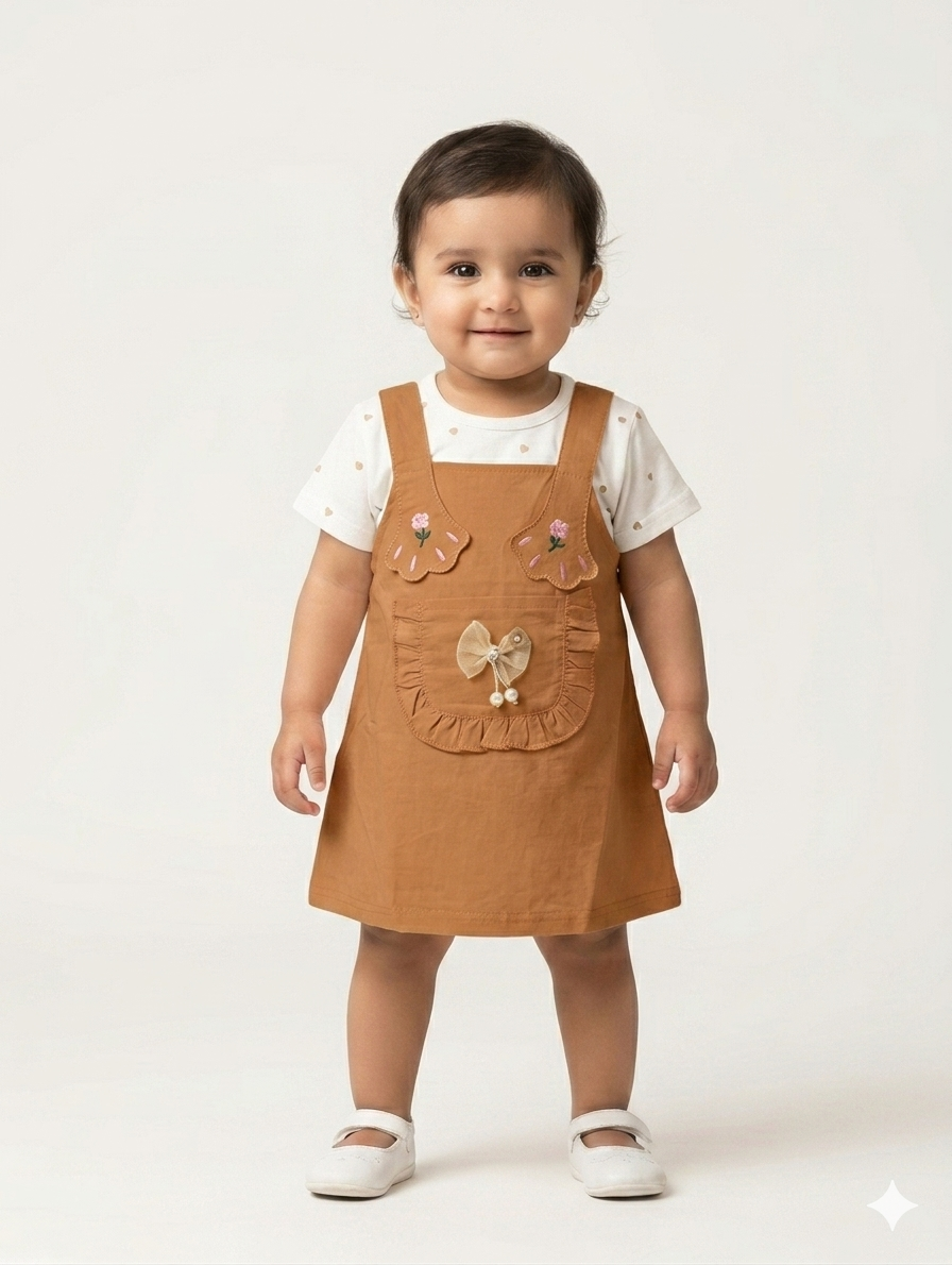 Toddler Girls Embroidered Pinafore Dress Set with Polka Dot Tee and Cute Ruffle Detail
