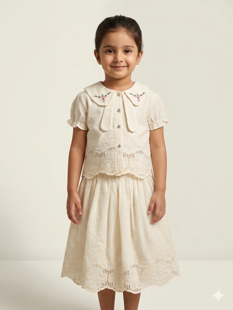 Elegant Girls' Floral Embroidered Peter Pan Collar Lace Trim Skirt and Blouse Set