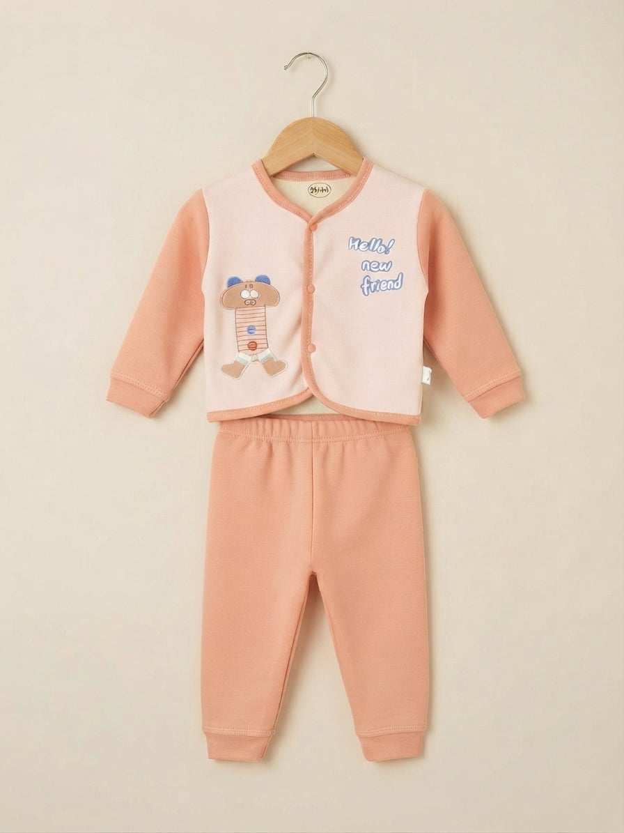 Cute Kids Cotton Bear Print Button Up Top And Matching Trouser Outfit Set