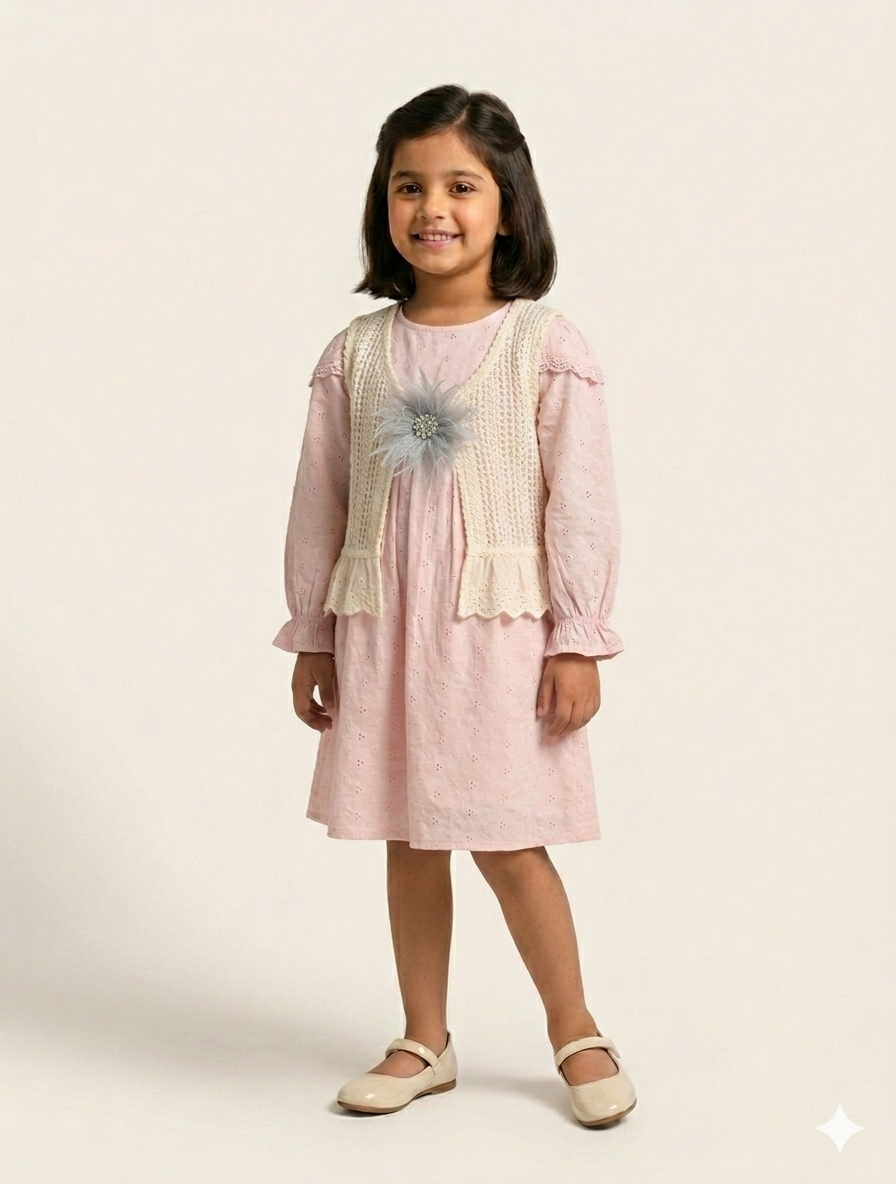 Elegant Little Girls Long Sleeve Eyelet Dress with Floral Applique Crochet Vest Two-Piece Set