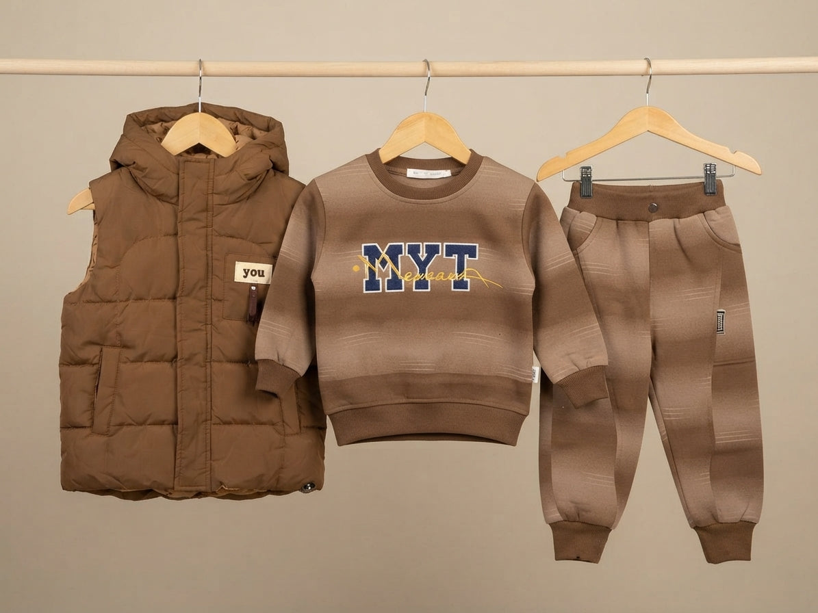 Kids Stylish 3-Piece Winter Outfit Set Featuring Puffer Hooded Vest Sweatshirt And Jogger Pants