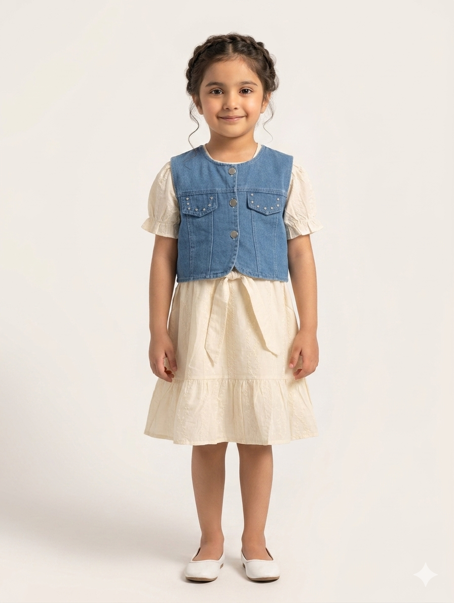Girls Cream Tiered Eyelet Dress with Cropped Studded Denim Vest Two-Piece Stylish Fashion Set