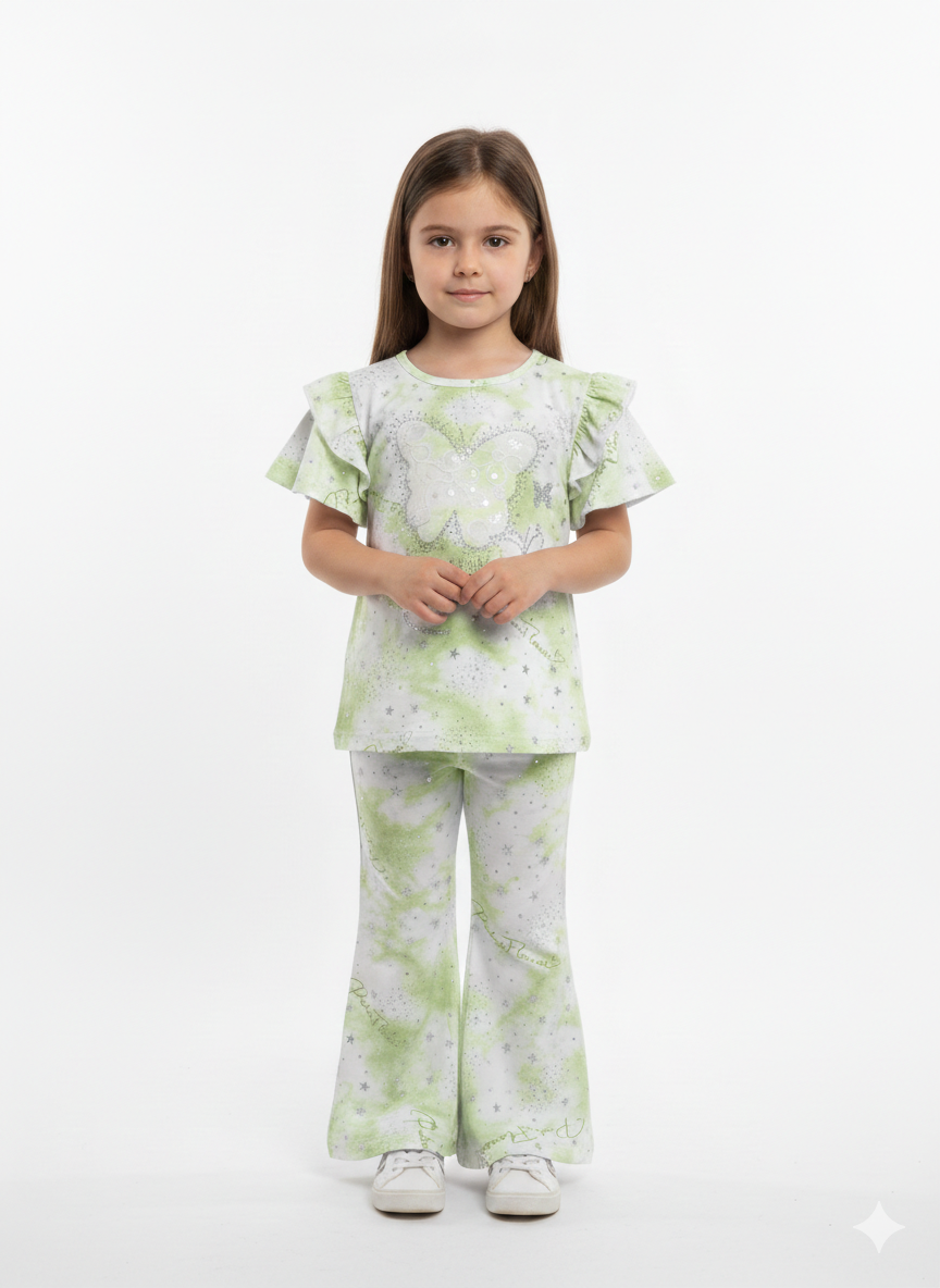 Girls' Sequined Butterfly Flutter Sleeve Top and Flare Leggings Set – Three Pastel Marble Colors