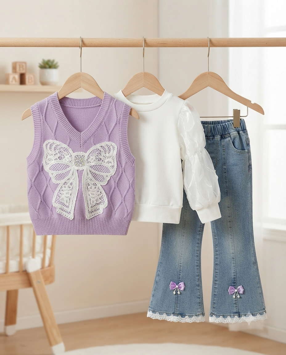 Girls Cute 3-Piece Outfit Set Knit Vest Blouse and Bell Bottom Denim Jeans