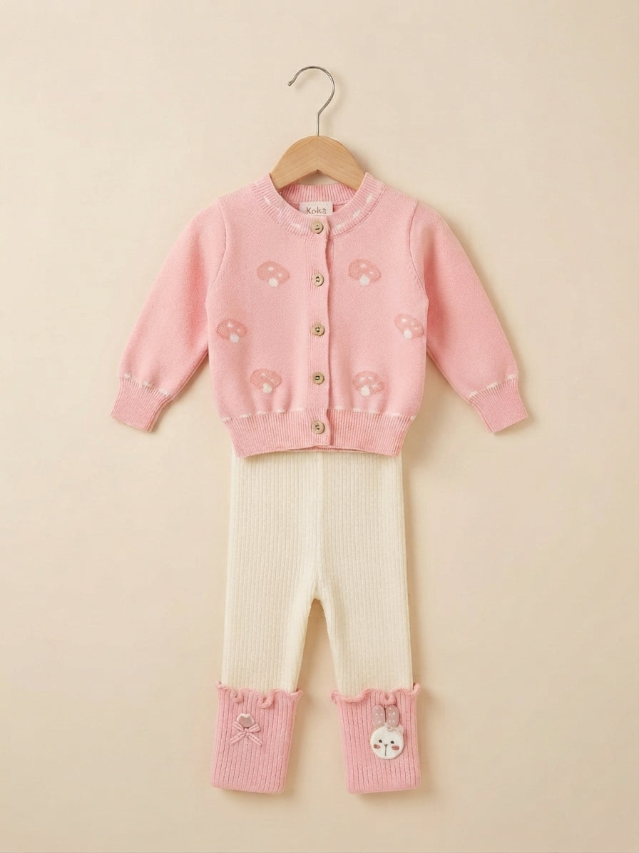 Charming Kids Knit Cardigan and Matching Pants Set Featuring Playful Mushroom Patterns