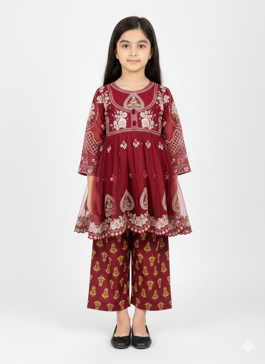 Exquisite Maroon and Gold Girls' Embroidered Tulle Peplum Kurta with Matching Wide-Leg Trouser Set