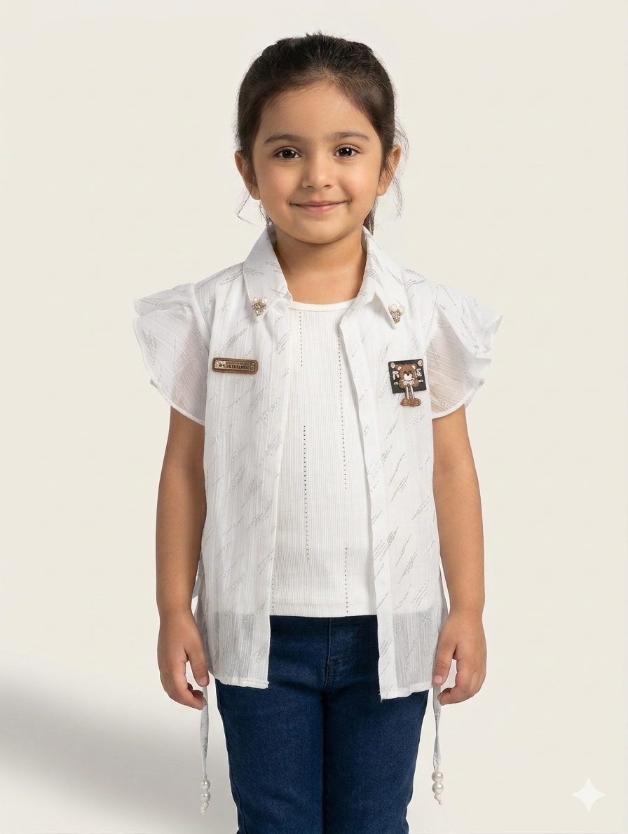 Elegant Girls' Shimmery Flutter-Sleeve Open Front Jacket with Pearl Accents and Ribbed Inner Top