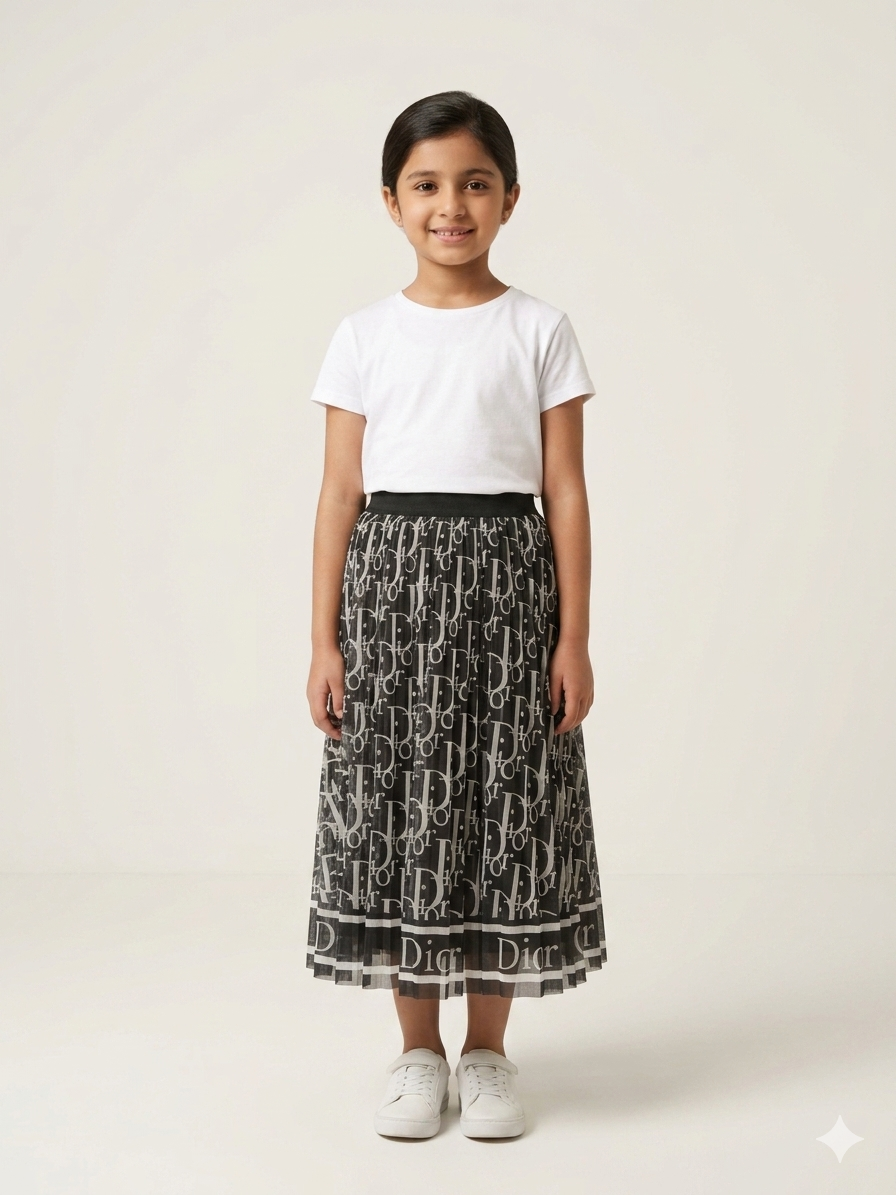 Girls Authentic Dior Monogram Pleated Long Skirt - Luxury Designer Kids Fashion