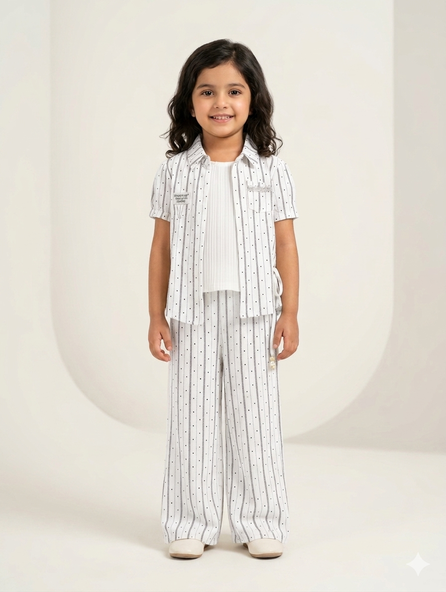 Girls' Three-Piece Pinstripe Co-ord Set with Button-Down Shirt, Ribbed Inner Tank, and Trousers
