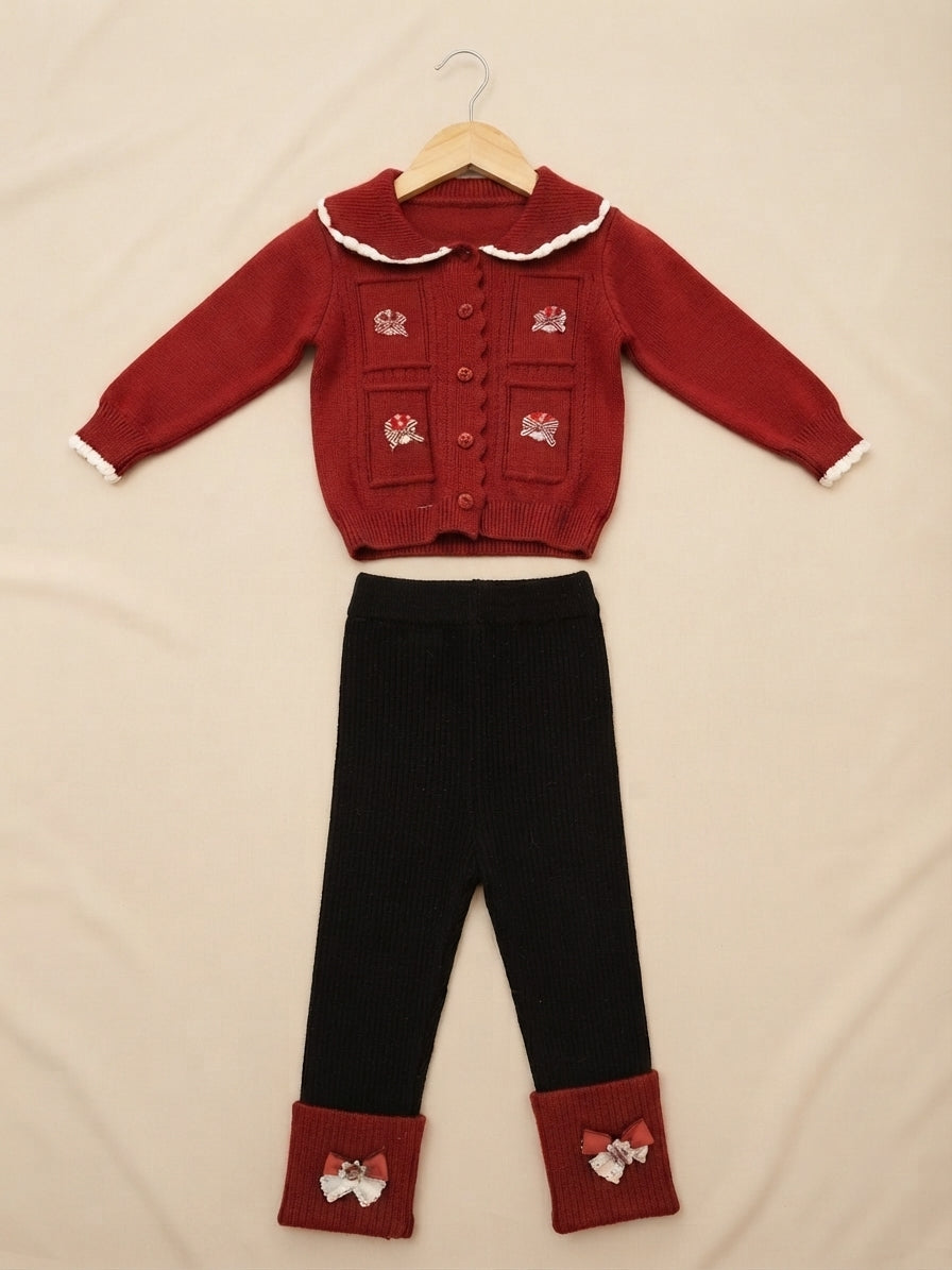 Charming Kids Knit Cardigan and Matching Pants Set Featuring Playful Mushroom Patterns