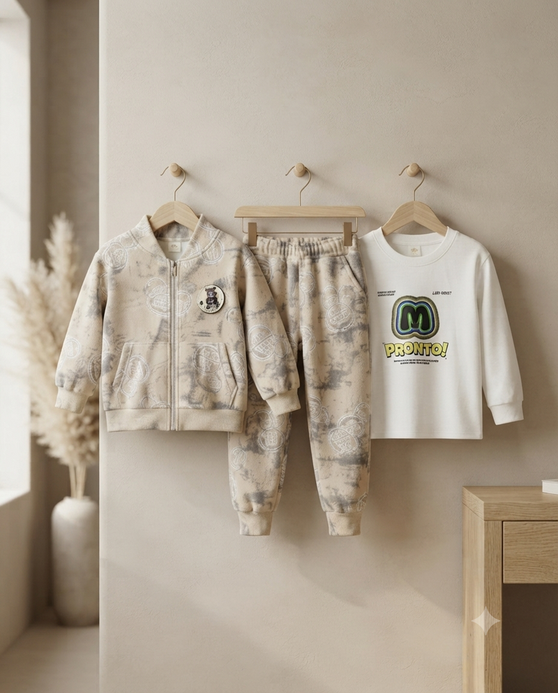 Stylish Kids 3-Piece Set: Zip-Up Jacket, Matching Joggers, And Graphic Long-Sleeve T-Shirt