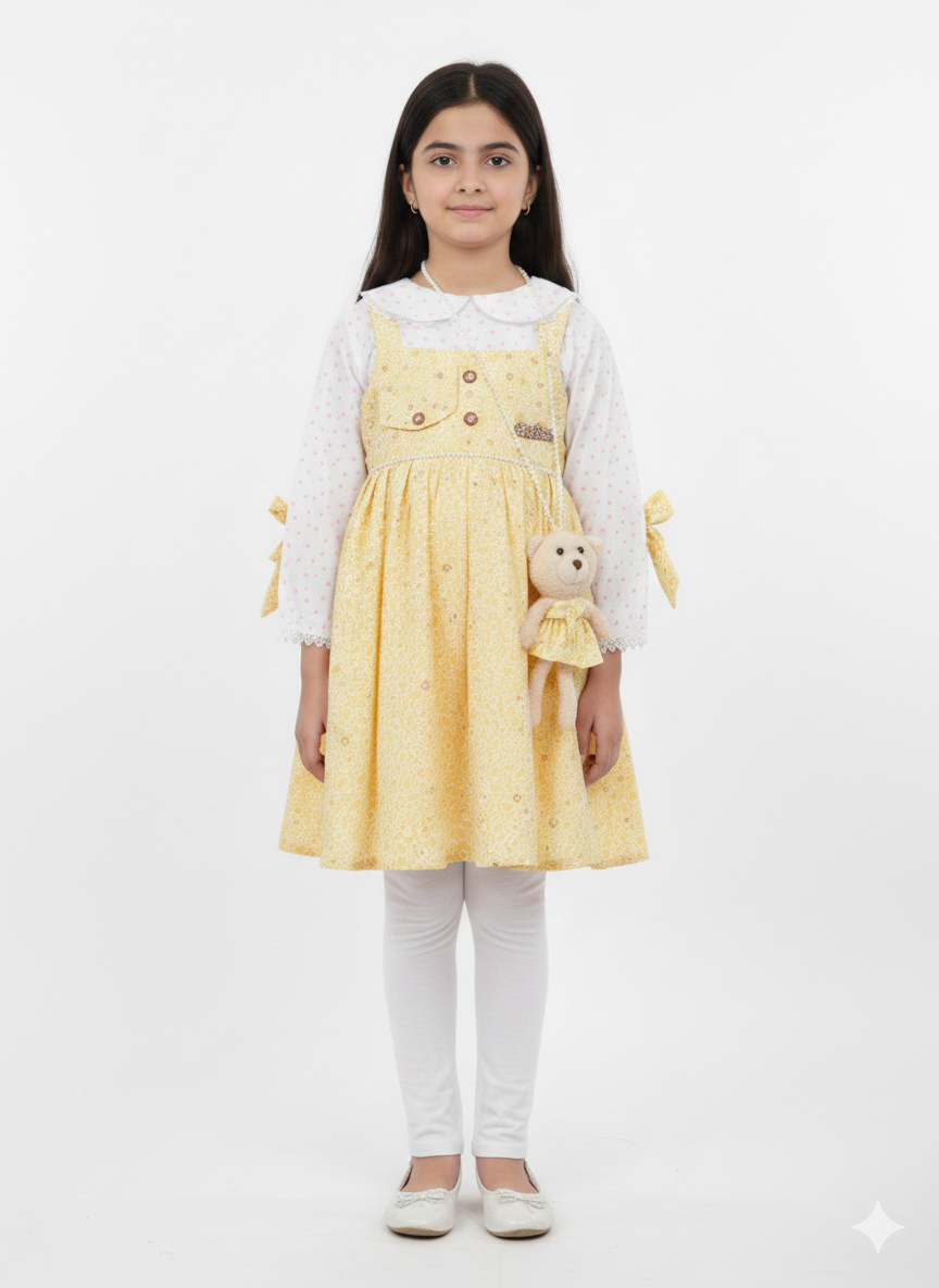 Elegant Mint Green Floral Pinafore Set with Matching Teddy Bear Purse for Young Girls