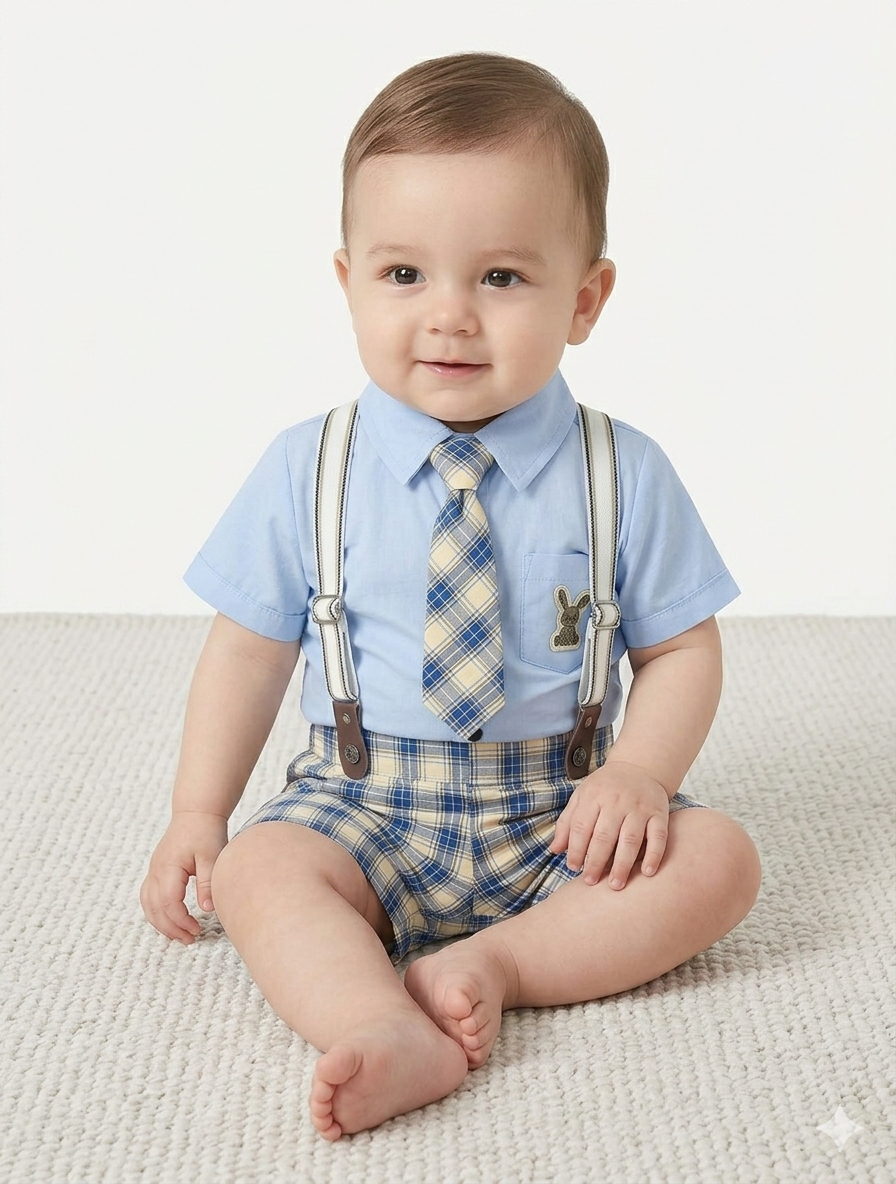 Baby Boy Gentleman Suspender Set with Plaid Shorts, Matching Tie, and Bunny Motif Accent
