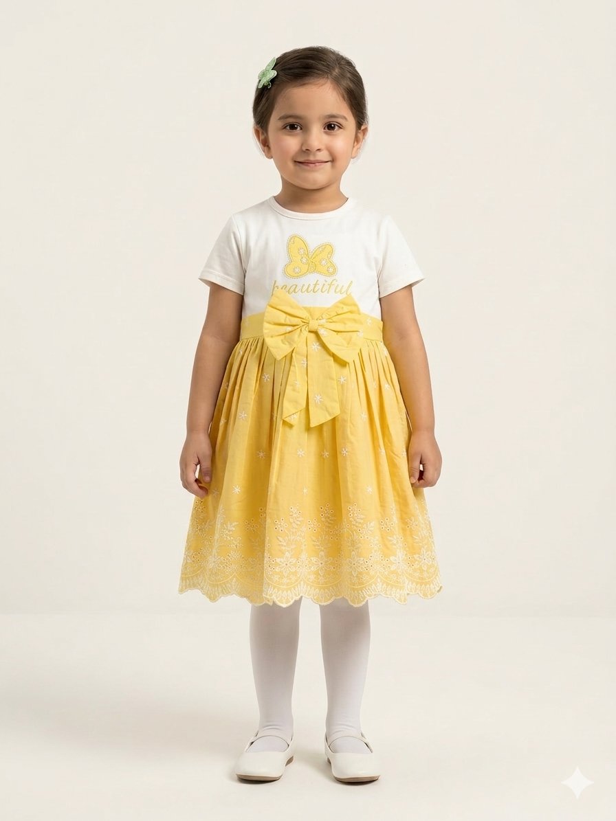 Charming Butterfly Embroidered Girl's Party Dress - Soft Cotton Fabric in Green Pink and Yellow