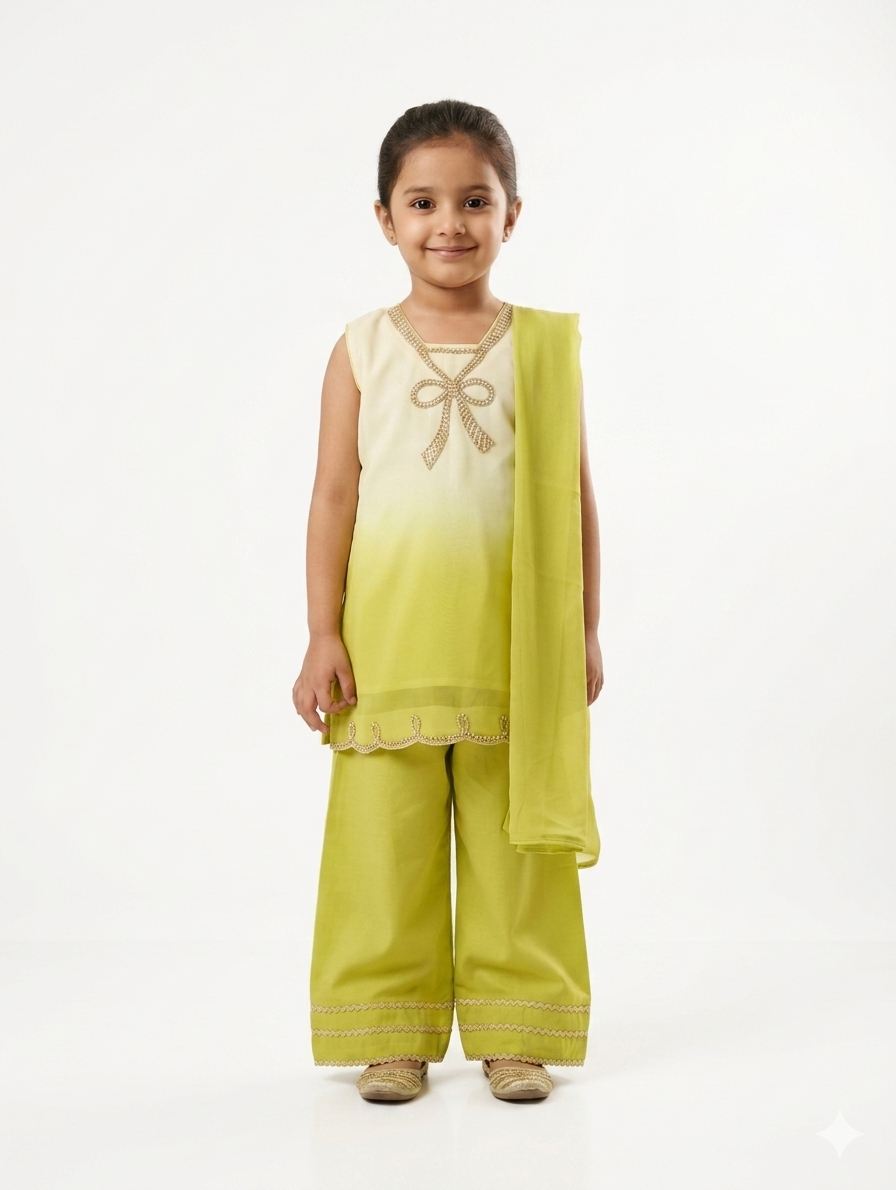 Elegant Girls Ombre Shalwar Kameez Set with Gota Embroidery in Soft Pink and Lime Green