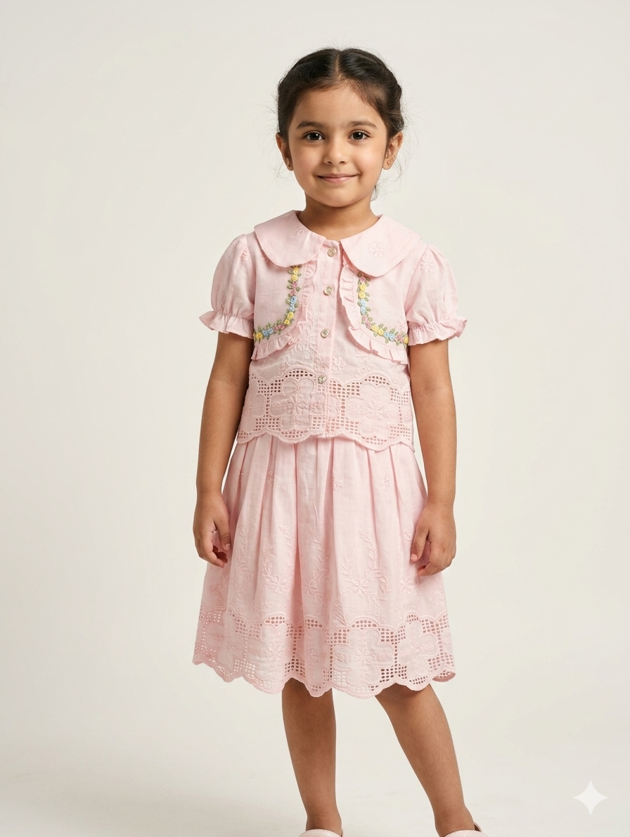 Girls Elegant Eyelet Embroidered Two Piece Summer Dress Set With Peter Pan Collar Detail