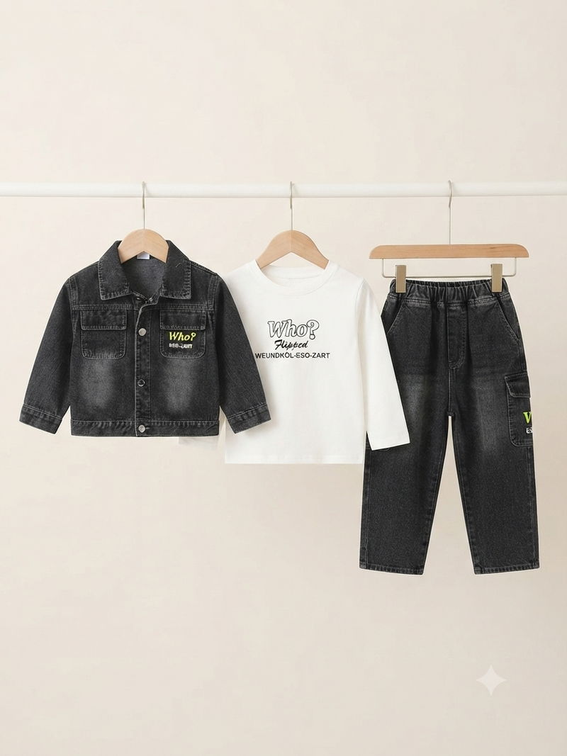Kids Stylish 3-Piece Denim Jacket, T-Shirt & Jeans Outfit Set