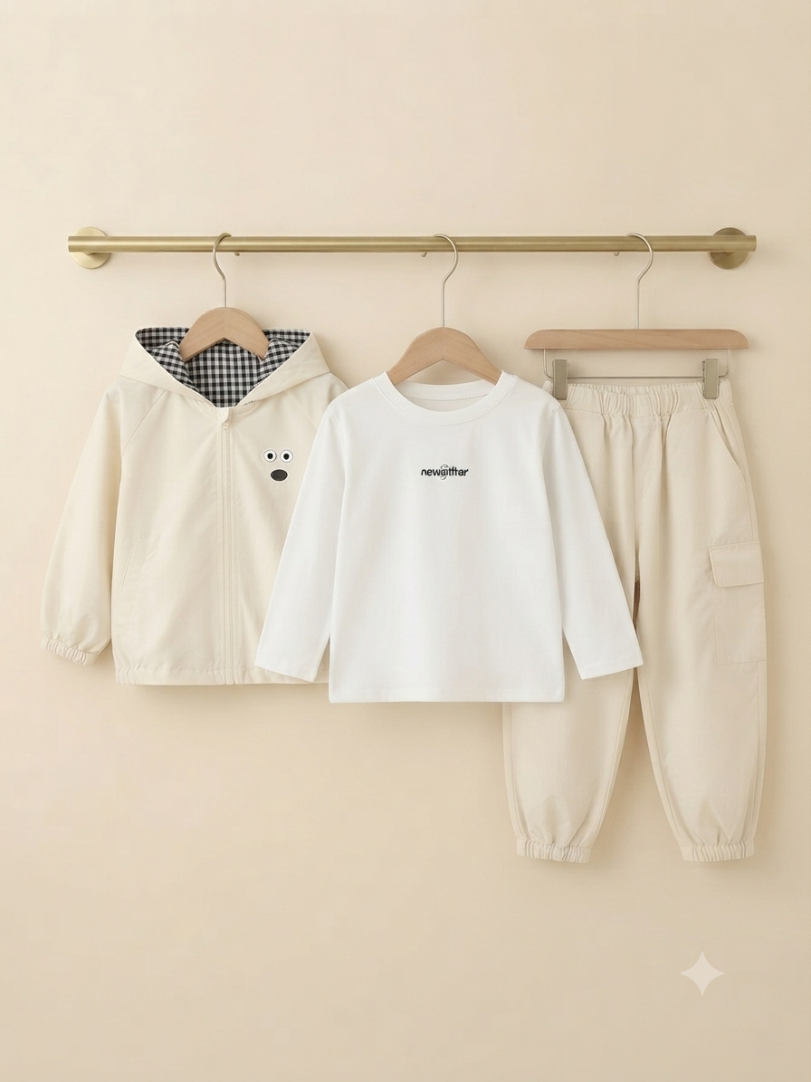 Kids 3-Piece Outfit Set Hooded Jacket White T-Shirt Cargo Trousers
