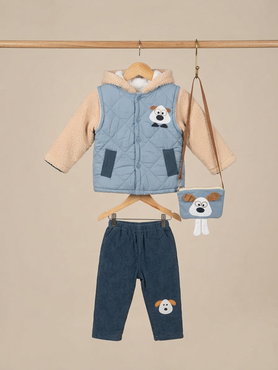 Cute Kids Winter Outfit Set with Hooded Jacket, Corduroy Pants, and Matching Dog Bag