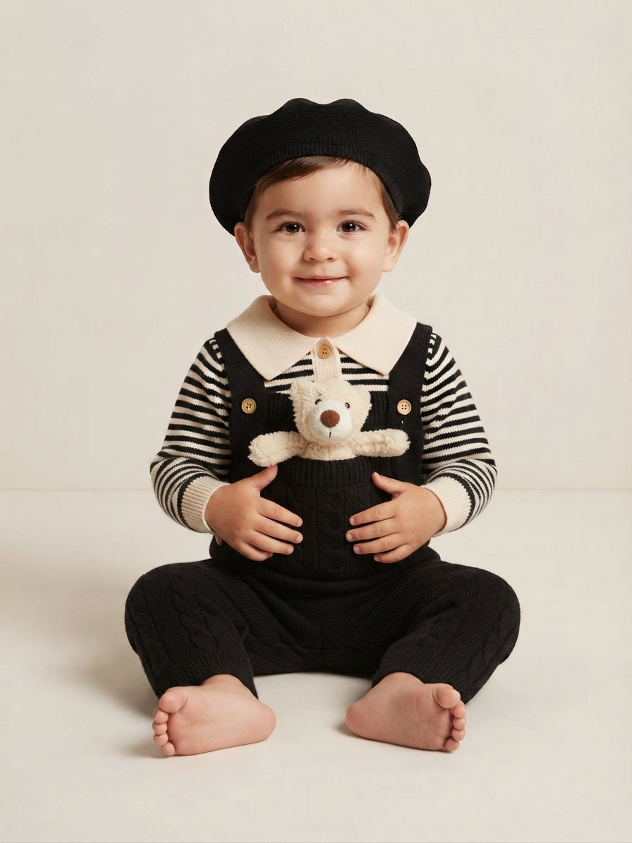 Baby Boy Stylish Knitted Striped Overalls Set With Matching Beret And Cute Teddy Pocket