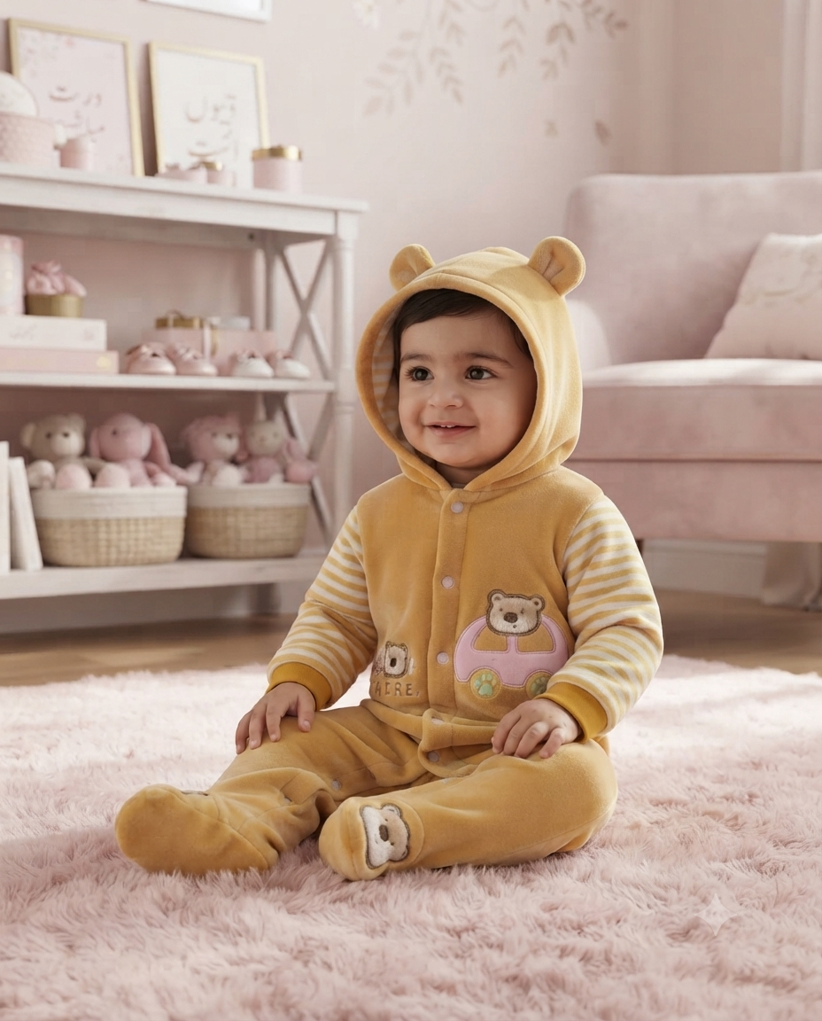 Cute Baby Fleece Romper with Hood and Cute Applique