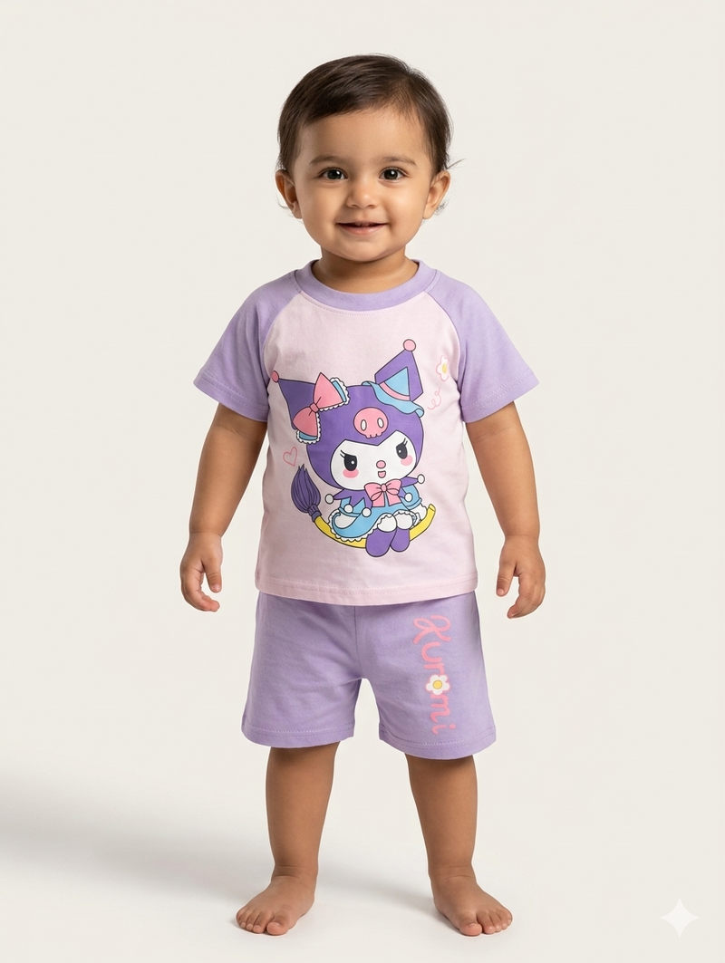 Kuromi Theme Toddler Girls Purple Cotton Pajama Set - Short Sleeve Tee and Shorts
