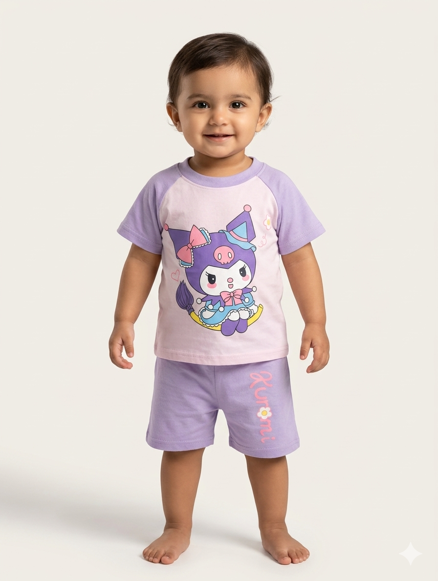 Kuromi Theme Toddler Girls Purple Cotton Pajama Set - Short Sleeve Tee and Shorts