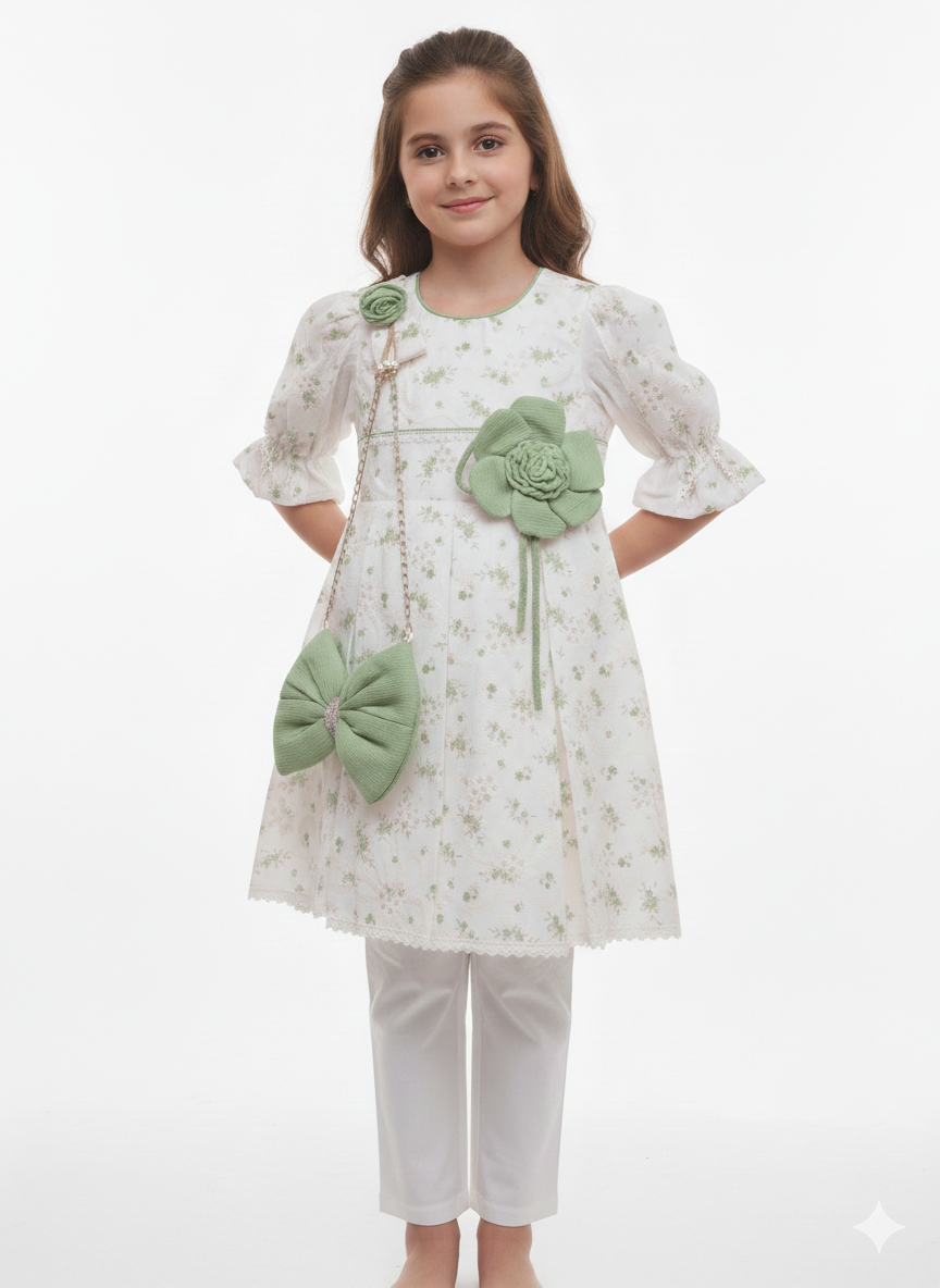 Girls' Floral Embroidered A-Line Tunic Set with 3D Flower Accents and Matching Bow Purse