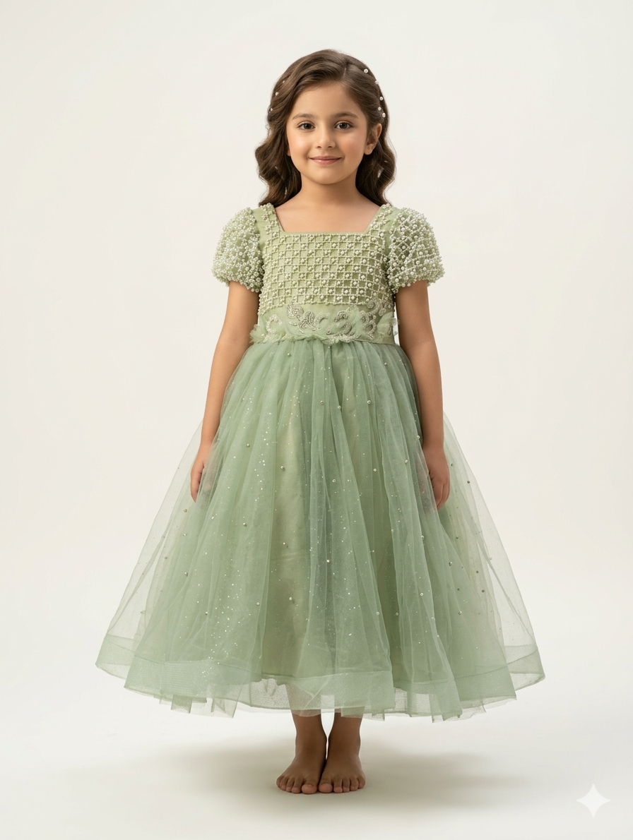 Luxury Square Neck Pearl Beaded Girls Gown with Textured Bodice and Shimmering Tulle Skirt