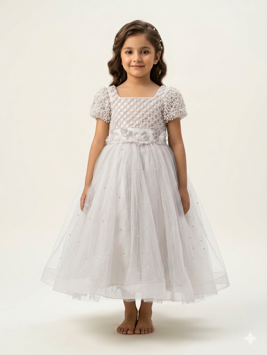 Luxury Square Neck Pearl Beaded Girls Gown with Textured Bodice and Shimmering Tulle Skirt