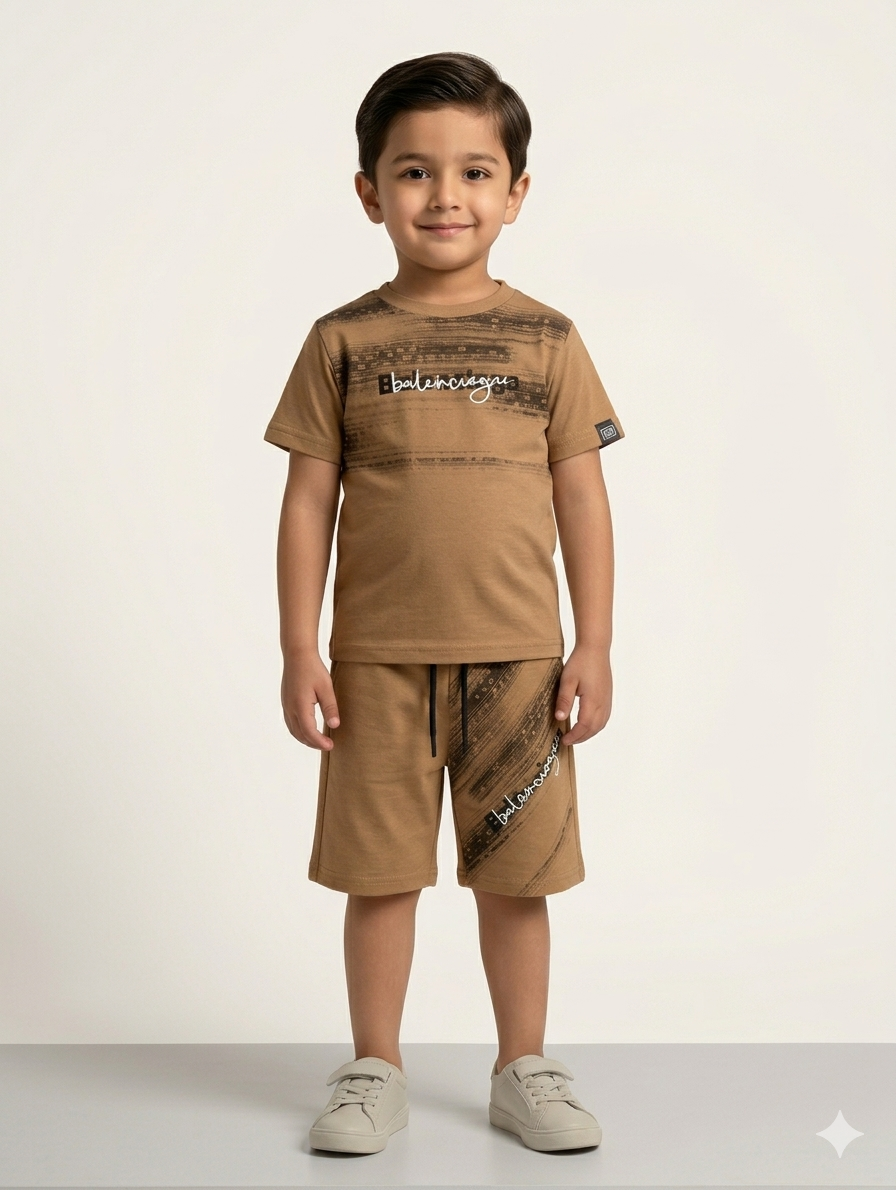 Boys' Premium Two-Piece Artistic Graphic Short Set in Light Grey and Toffee Brown