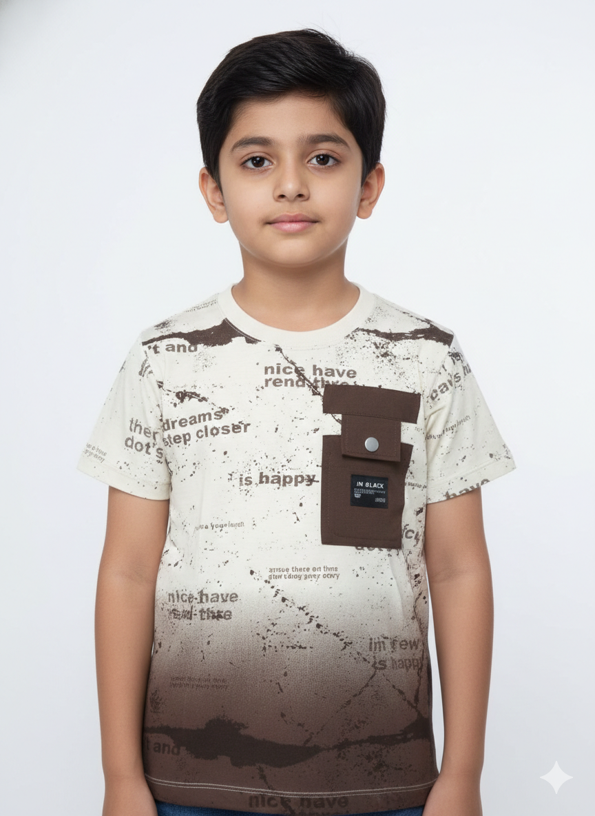 Boys' Urban Safari Olive & White Gradient Graphic Tee with Tactical Utility Pocket Detail
