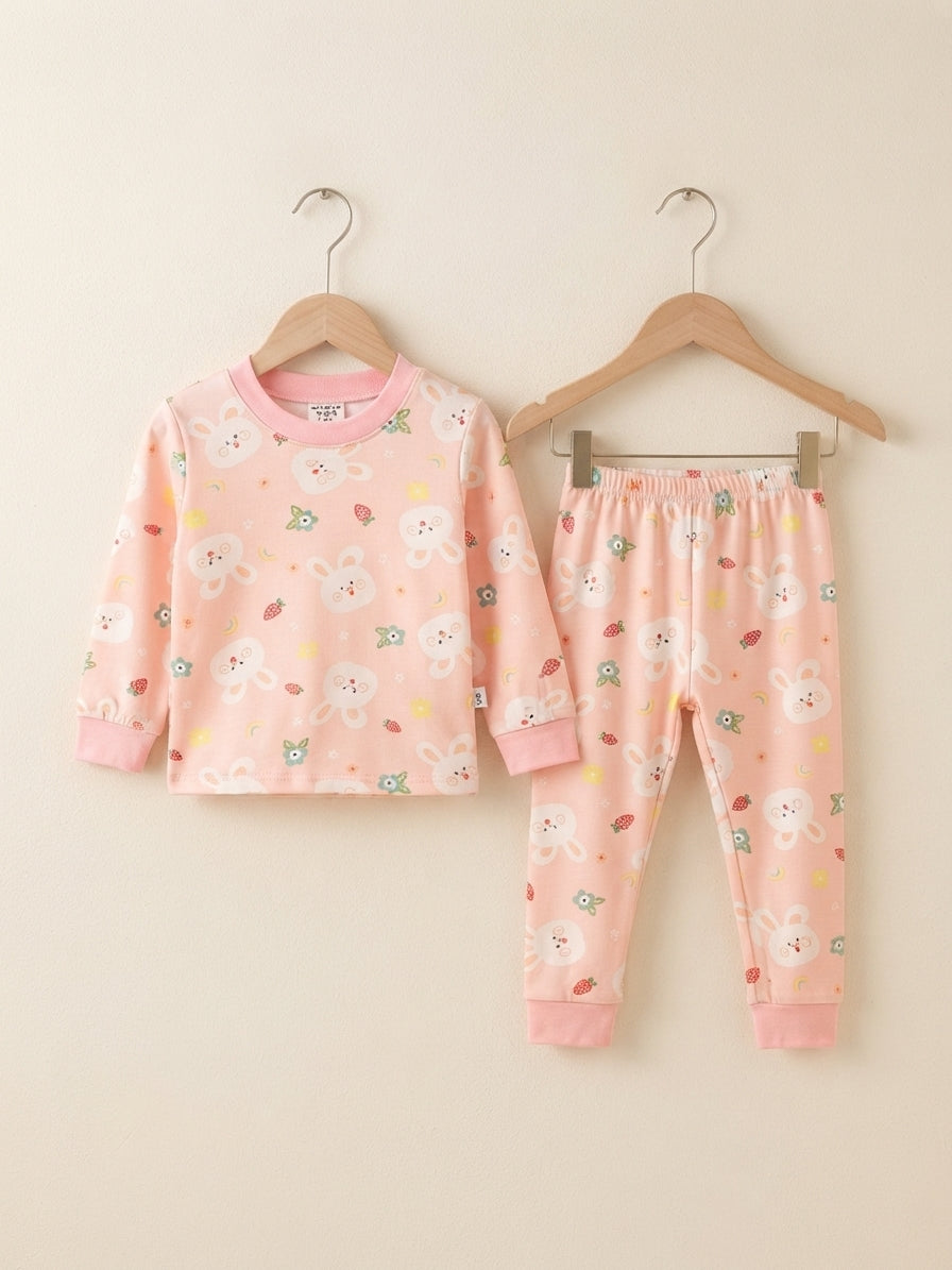 Cute Peach Bunny And Strawberry Print Soft Cotton Sleepwear Pajama Set For Baby Girls