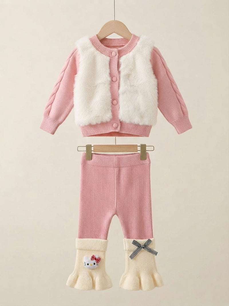 Cozy Girls Pearl Collar Fuzzy Cardigan and Ruffled Bow Pants Winter Outfit Set