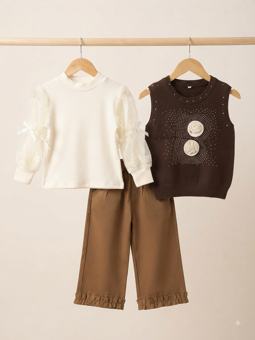 Elegant 3-Piece Girls Fall Outfit Set Featuring Sheer Puff Sleeve Top and Knit Vest