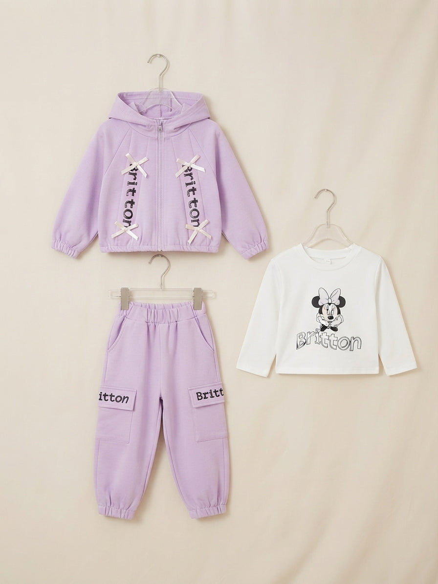 Stylish three-piece girls outfit set featuring a hooded jacket, white shirt, and trousers.