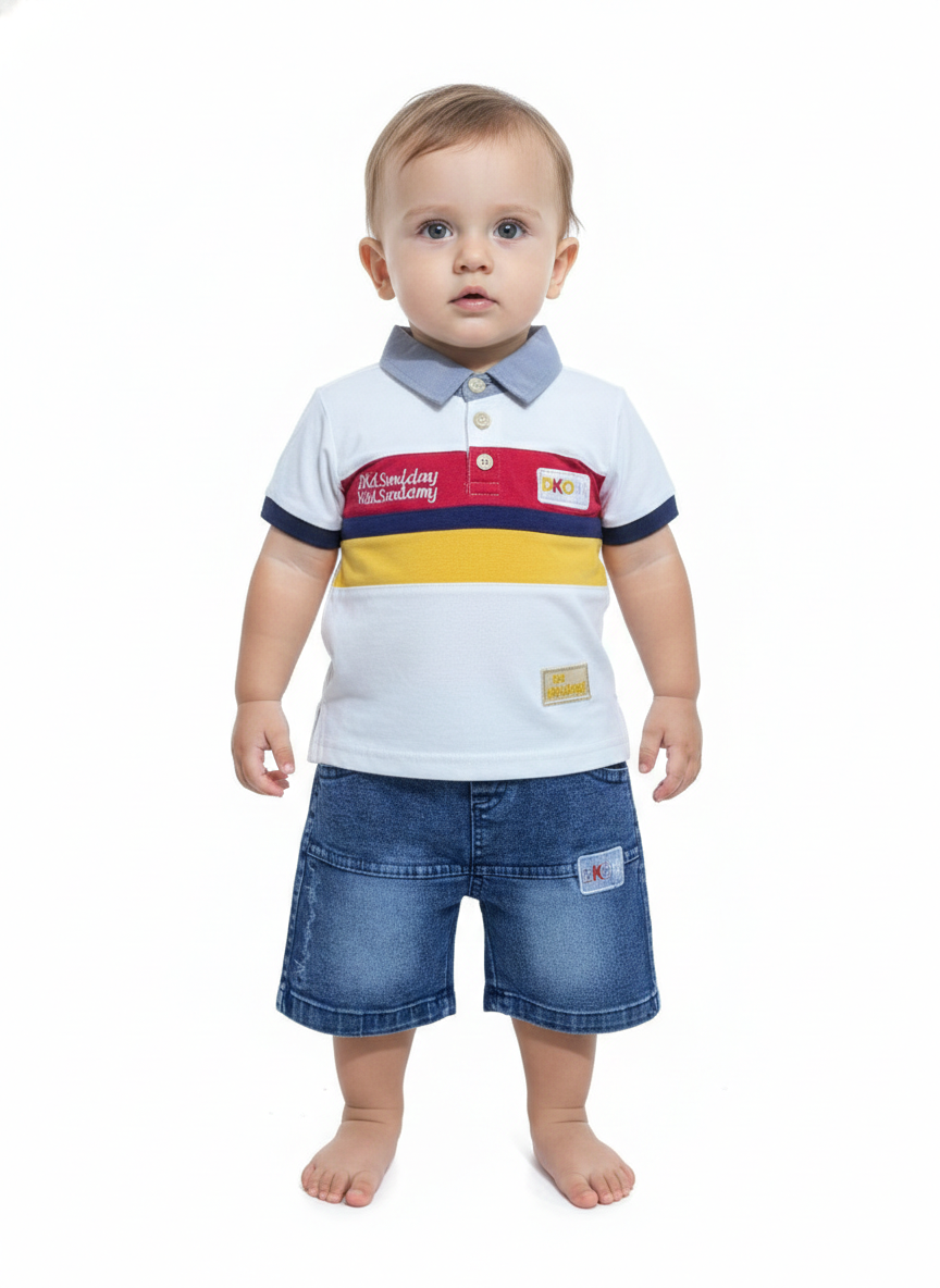 Trendy Grey Polo Shirt Featuring Bold Navy and Yellow Color-Block Stripes for a Sporty Look