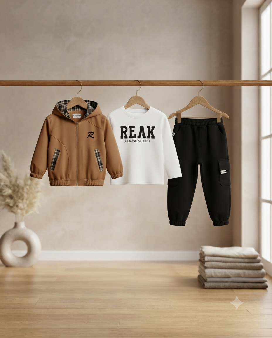 Stylish Boys Three-Piece Clothing Set Featuring Hooded Jacket Long Sleeve Tee And Cargo Pants
