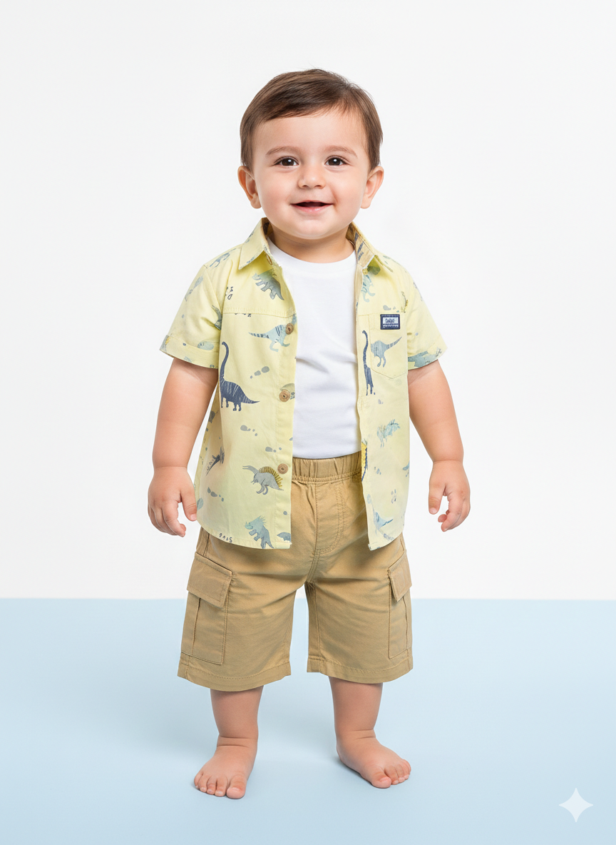 Baby Boys Three Piece Dinosaur Explorer Set Mint Green Printed Shirt Inner Tee Shorts