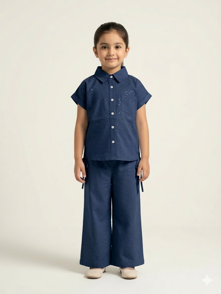 Girls' Two-Piece Embroidered Cotton Co-Ord Set in Sky Blue and Deep Navy Blue Options
