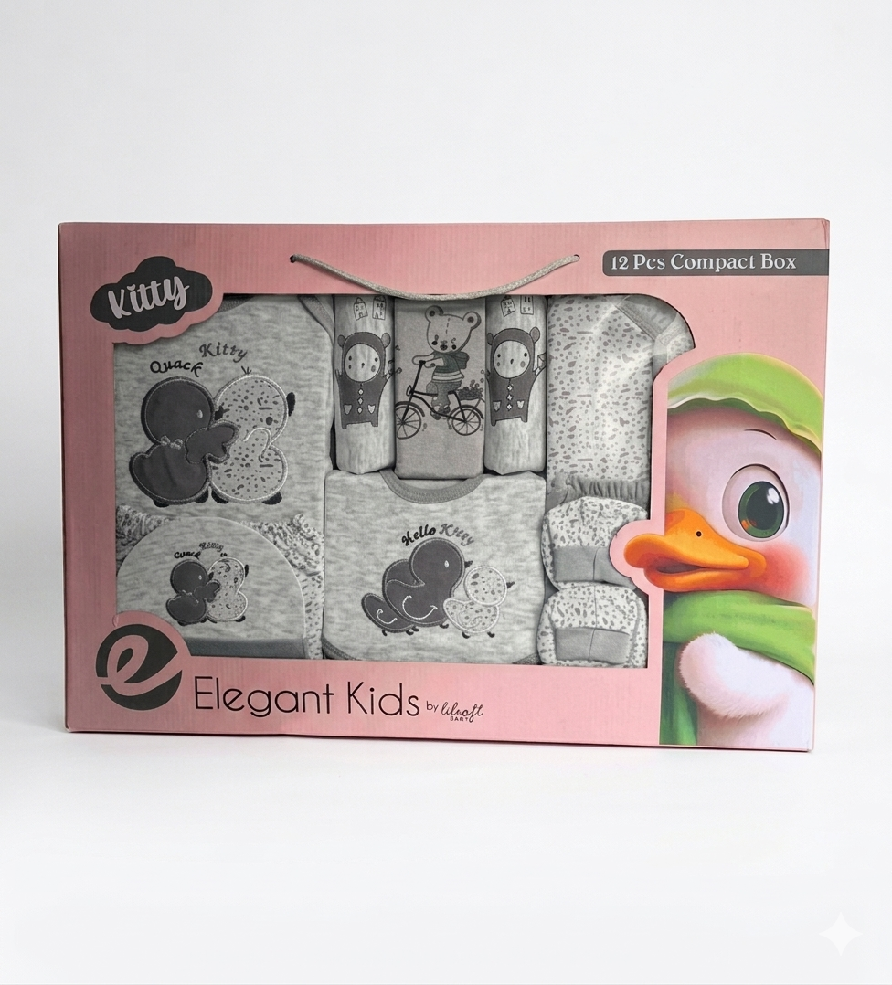 Elegant Kids 12-Piece Kitty and Duckling Theme Baby Gift Set in Blue, Gray, Pink
