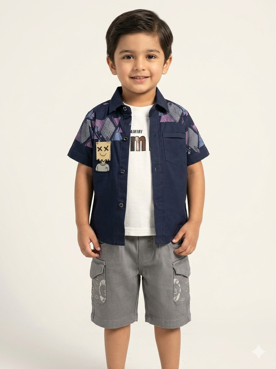 Boys Stylish Graphic Button-Down Shirt and Grey Cargo Shorts Coordinated Set