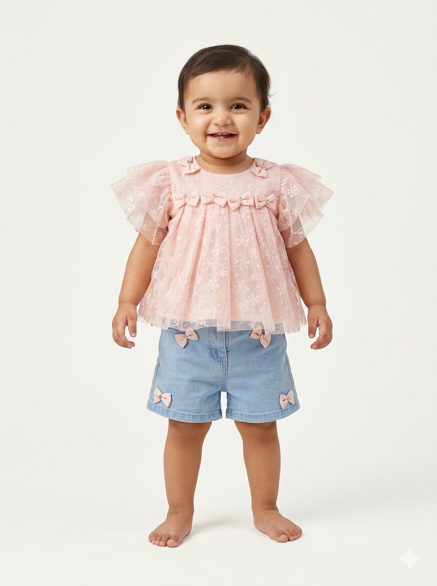 Toddler Girl Lace Ruffle Tiered Blouse and Bow Detail Denim Shorts Summer Fashion Outfit Set
