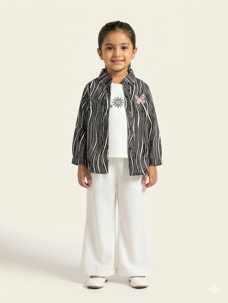 Girls' Trendy Three-Piece Ensemble with Patterned Button-Down Shirt and Elegant White Wide-Leg Trousers