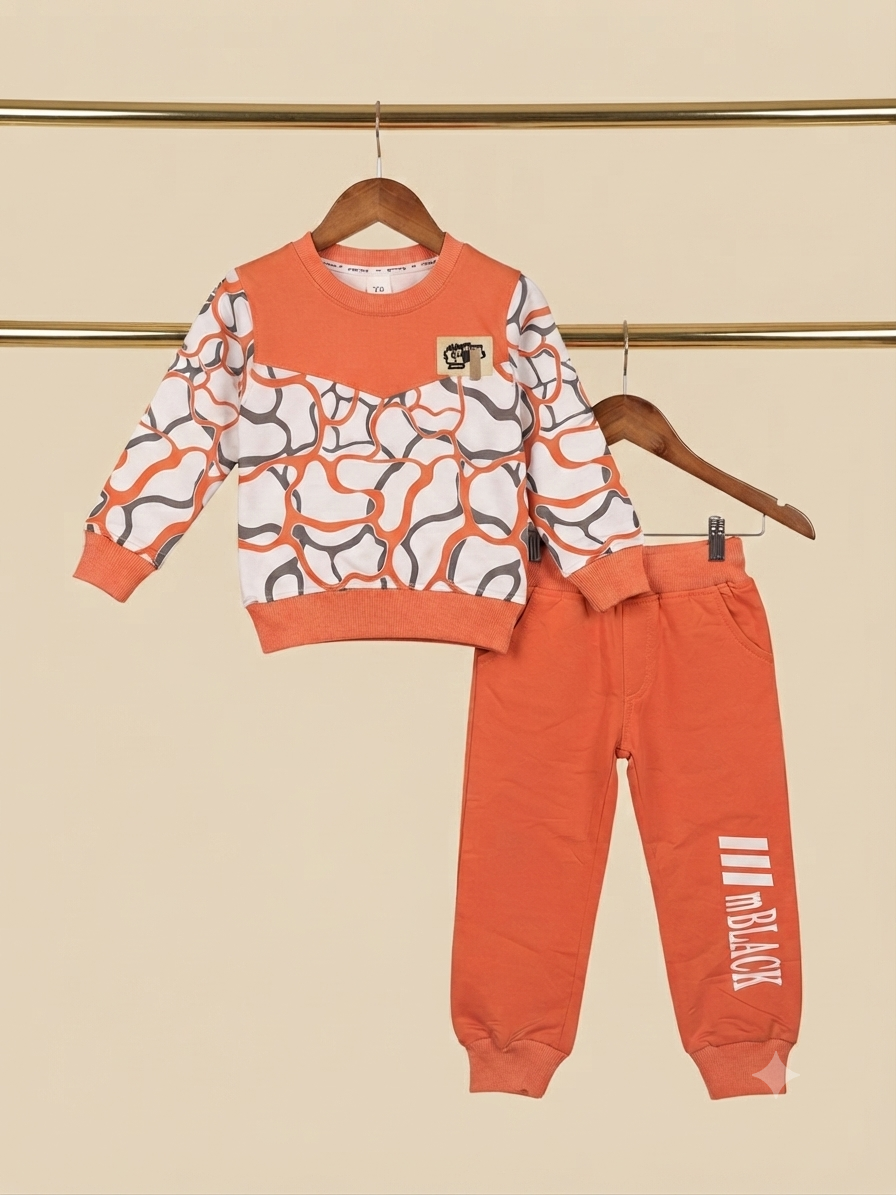 Stylish Organic Line Print Kids Fleece Sweatshirt And Matching Joggers Winter Outfit Set