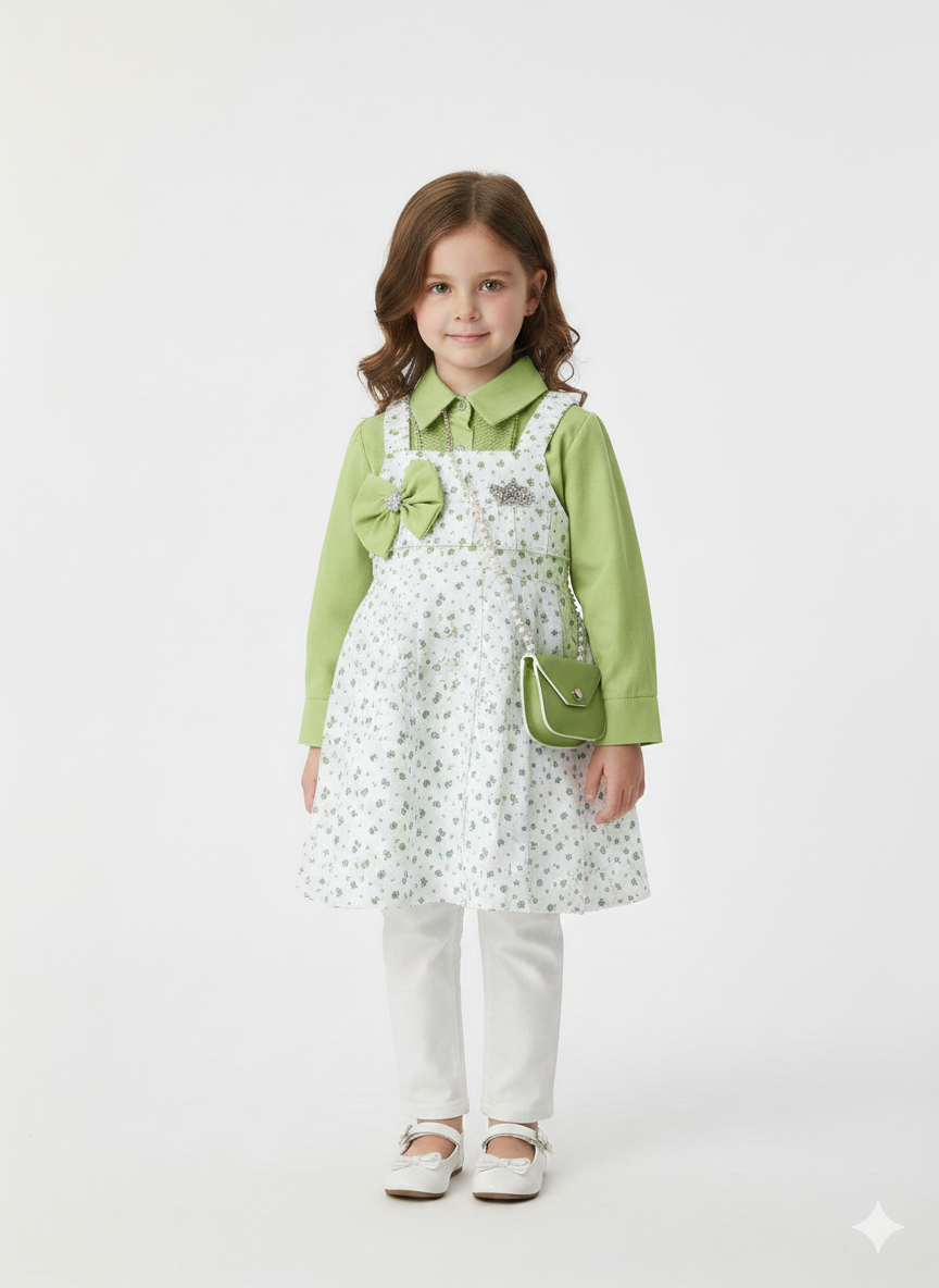 Elegant 2-Piece Floral Pinafore Dress Set with Matching Crossbody Bag for Little Girls